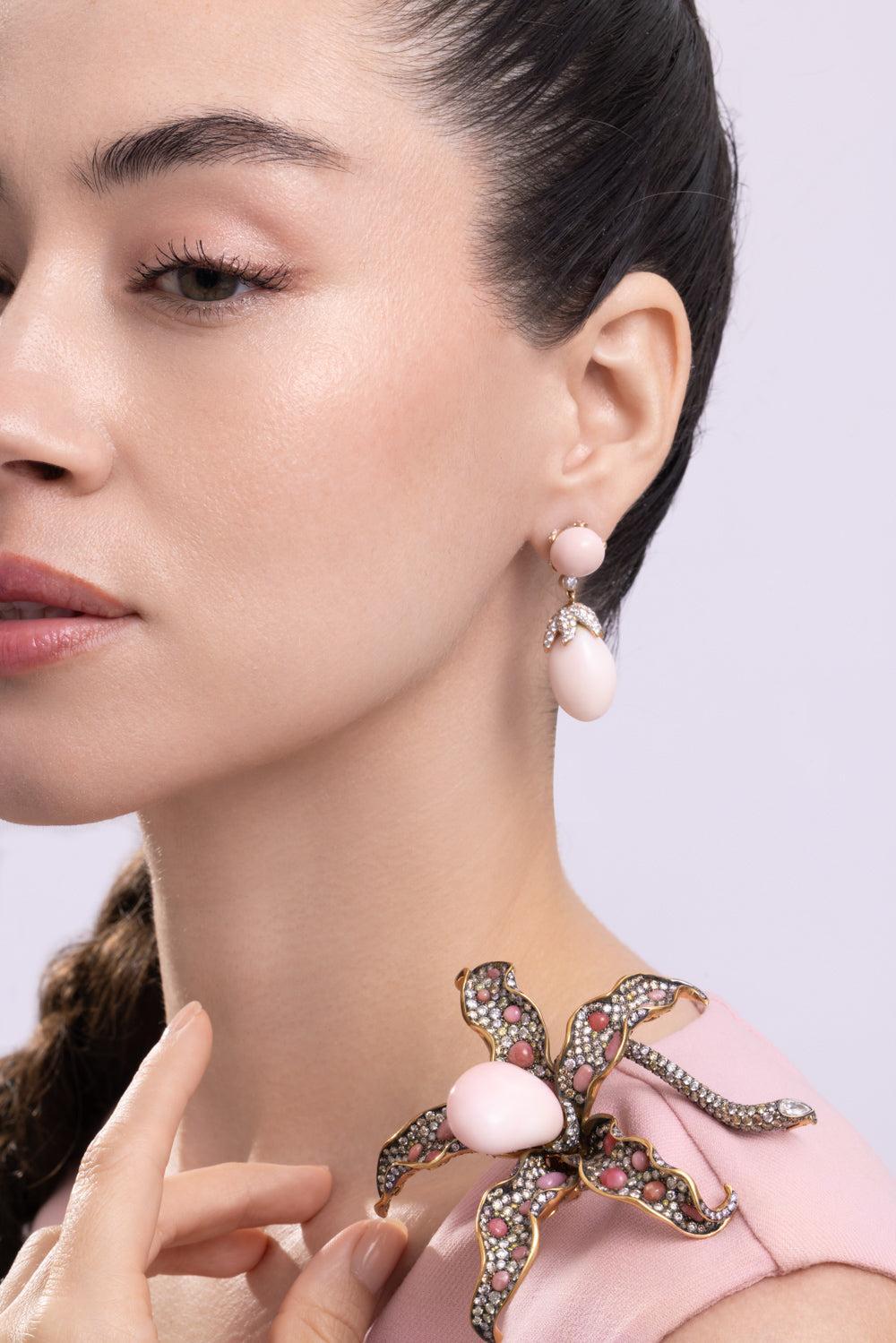 Diamond Round Conch Drop Earrings-YELLOW GOLD-JEWELRYFINE JEWELEARRING-CICADA