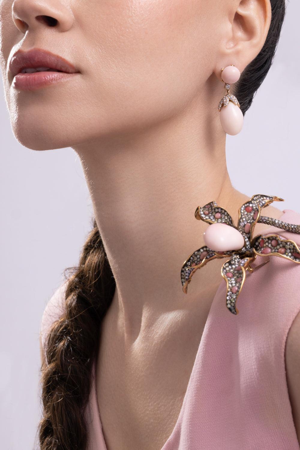 Diamond Round Conch Drop Earrings-YELLOW GOLD-JEWELRYFINE JEWELEARRING-CICADA