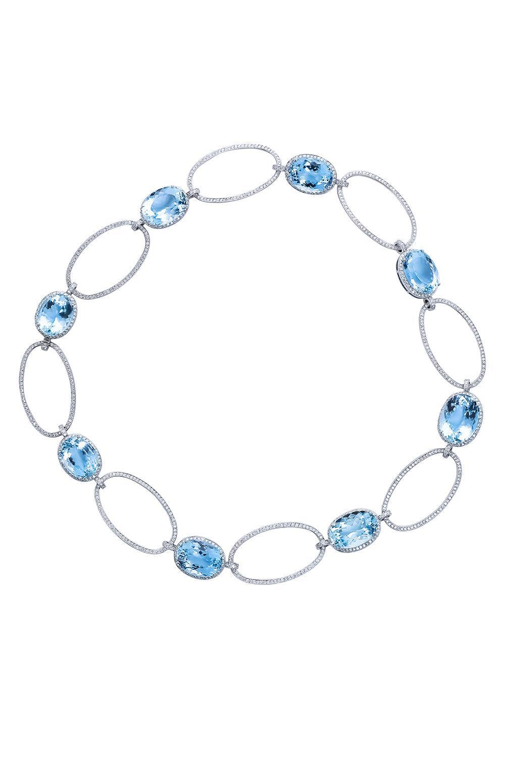 Aquamarine Diamond Oval Link Necklace-PLATINUM-18-JEWELRYFINE JEWELNECKLACE O-CICADA