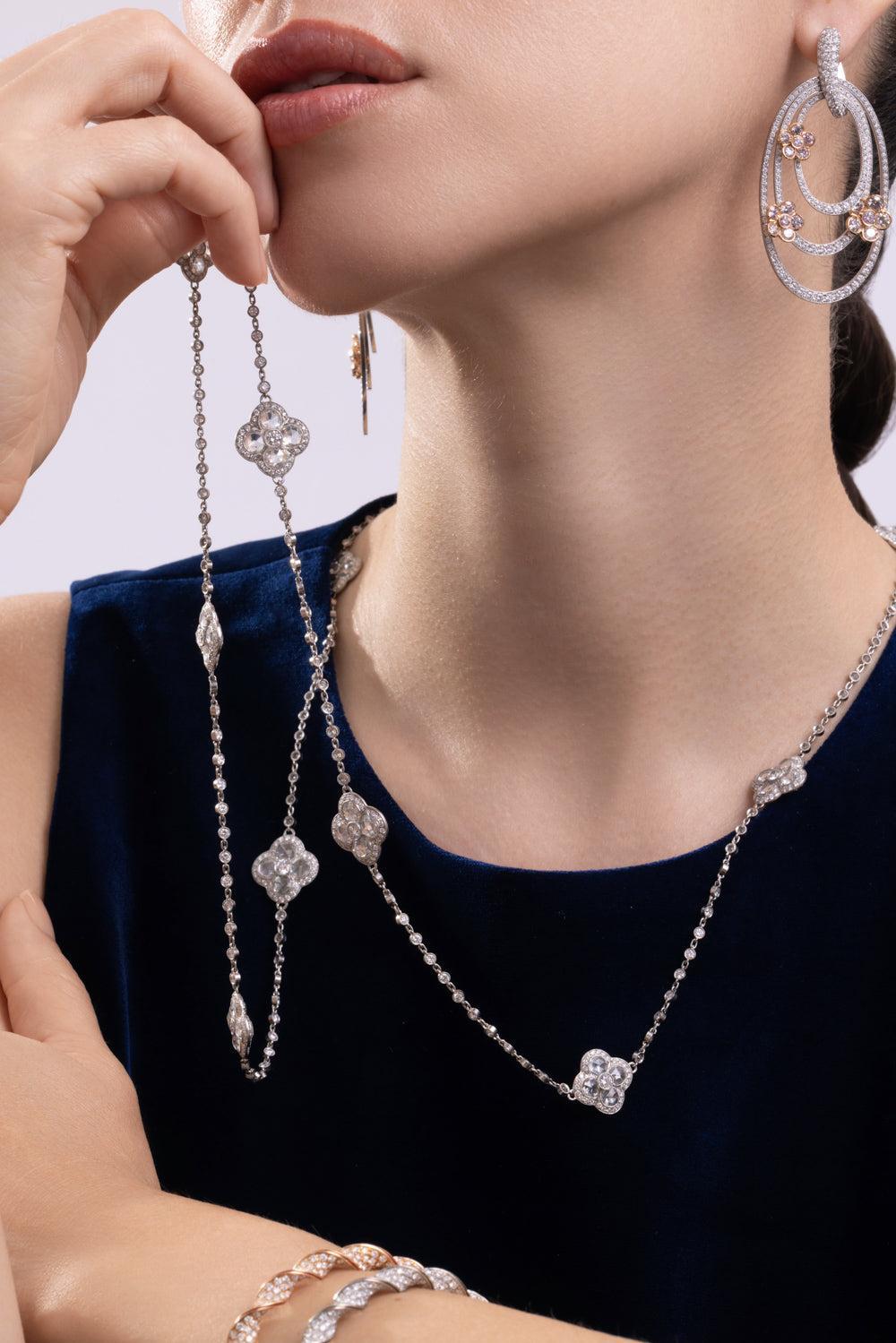 Diamond Floral Chain Necklace-PLATINUM-40-JEWELRYFINE JEWELNECKLACE O-CICADA