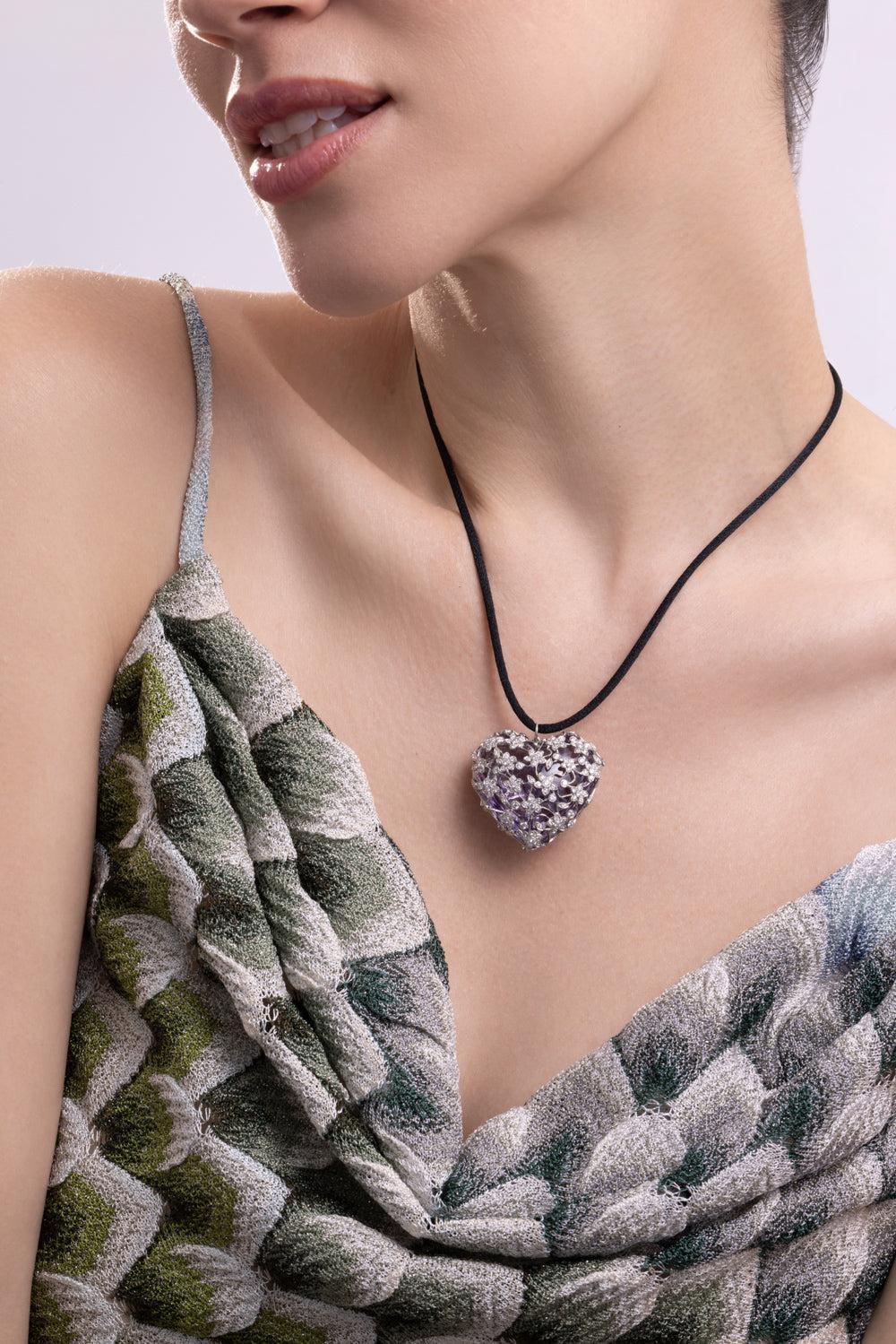 Diamond Amethyst Heart Pendant Necklace-PLATINUM-JEWELRYFINE JEWELNECKLACE O-CICADA