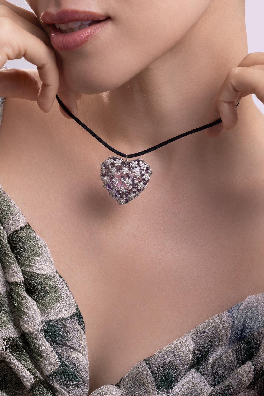 Diamond Amethyst Heart Pendant Necklace-PLATINUM-JEWELRYFINE JEWELNECKLACE O-CICADA