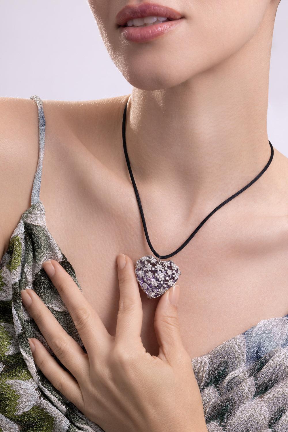 Diamond Amethyst Heart Pendant Necklace-PLATINUM-JEWELRYFINE JEWELNECKLACE O-CICADA