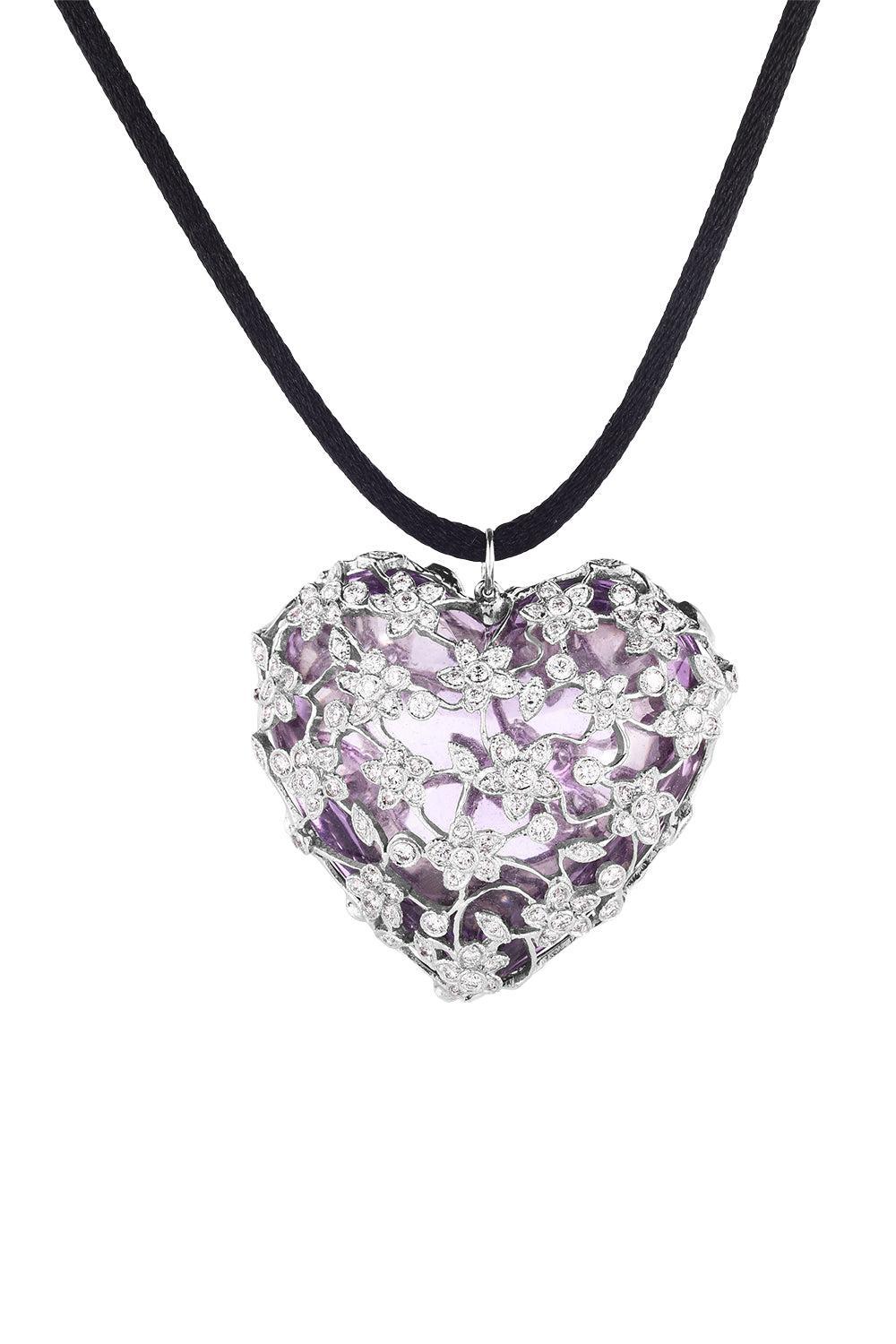 Diamond Amethyst Heart Pendant Necklace-PLATINUM-JEWELRYFINE JEWELNECKLACE O-CICADA