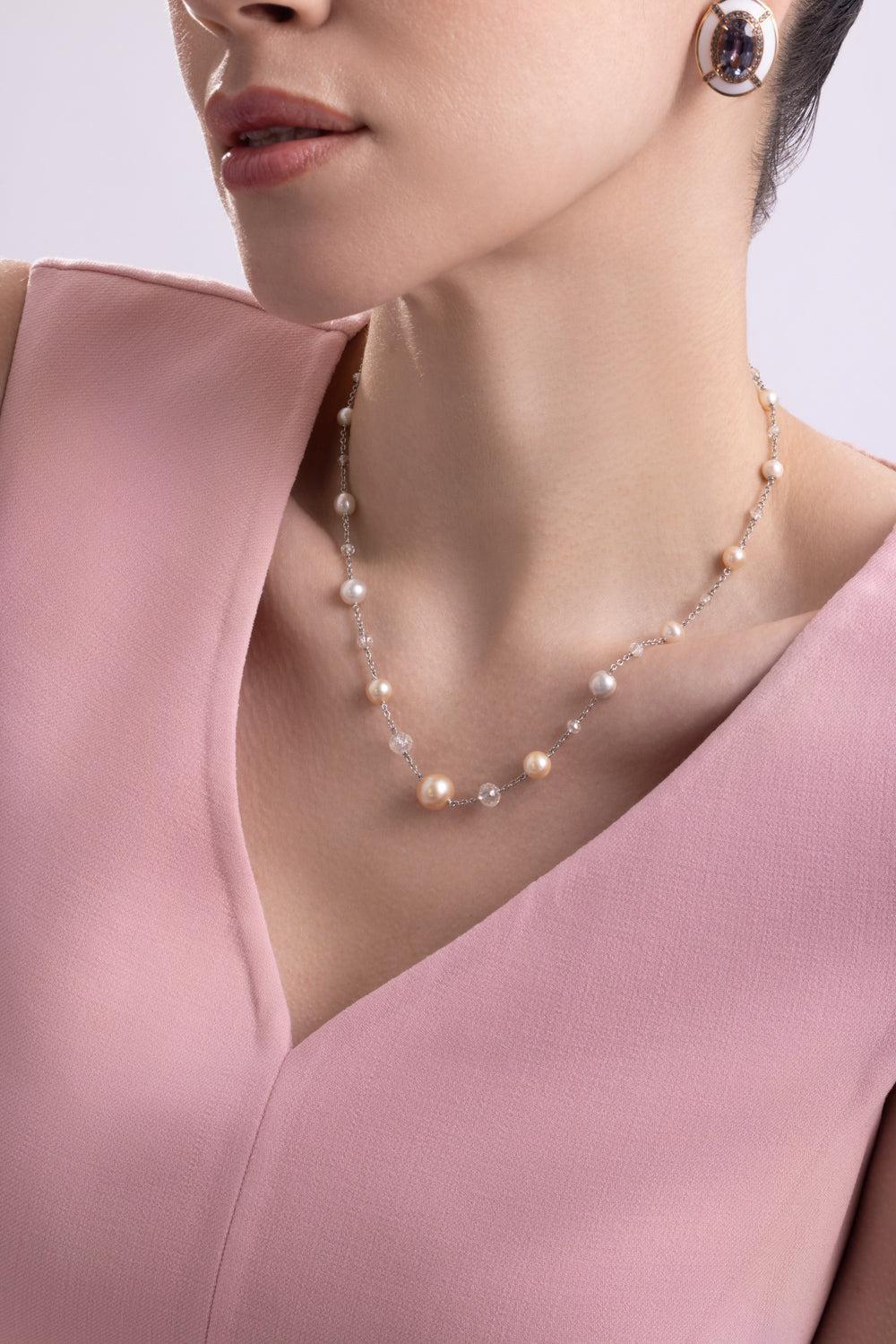 Diamond Pearl Chain Necklace-PLATINUM-JEWELRYFINE JEWELNECKLACE O-CICADA