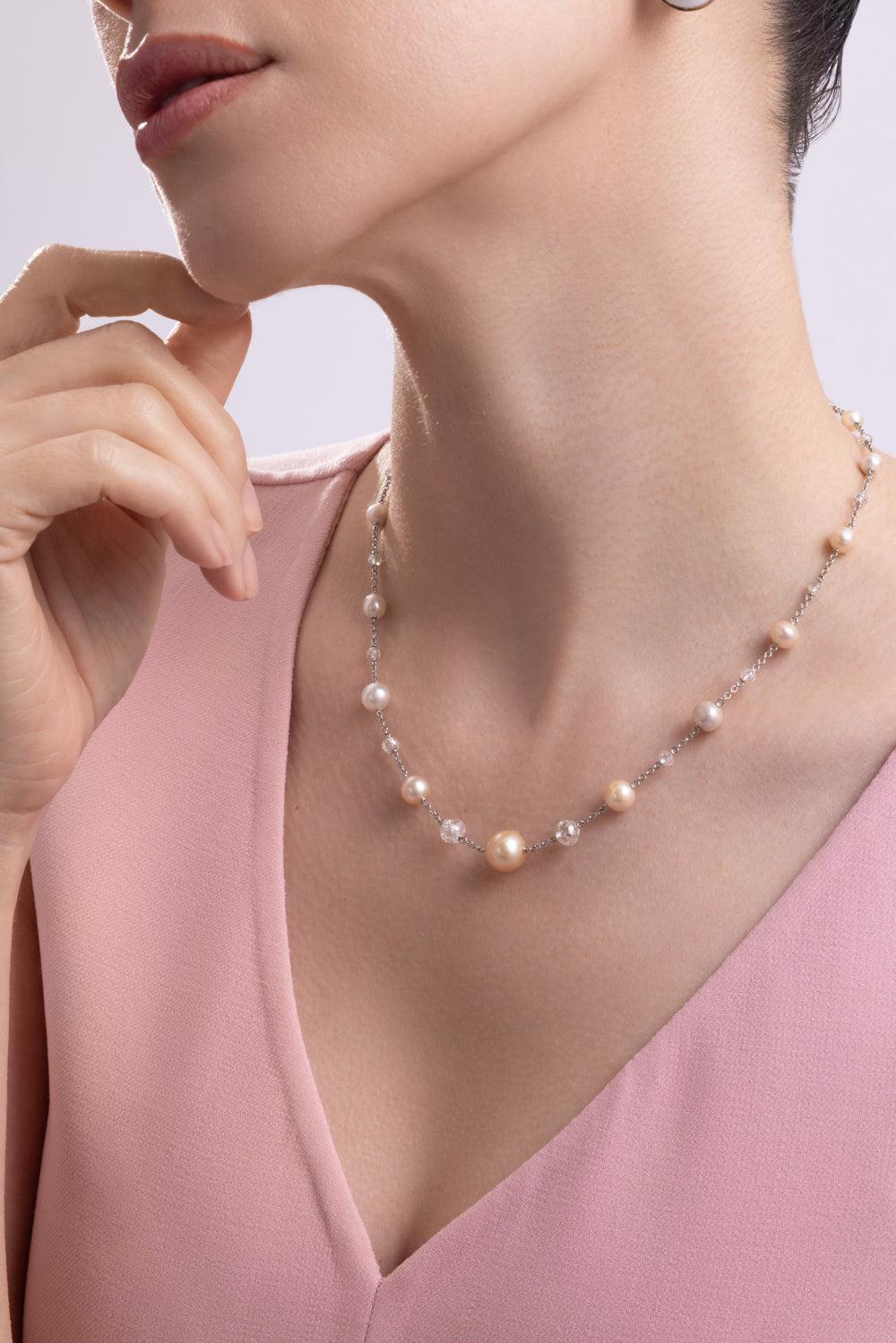 Diamond Pearl Chain Necklace-PLATINUM-JEWELRYFINE JEWELNECKLACE O-CICADA