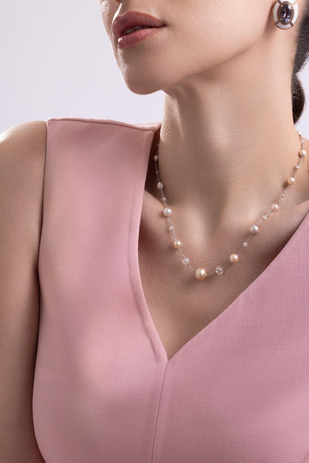 Diamond Pearl Chain Necklace-PLATINUM-JEWELRYFINE JEWELNECKLACE O-CICADA