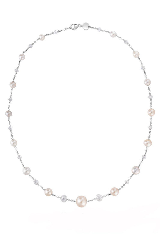 Diamond Pearl Chain Necklace-PLATINUM-JEWELRYFINE JEWELNECKLACE O-CICADA