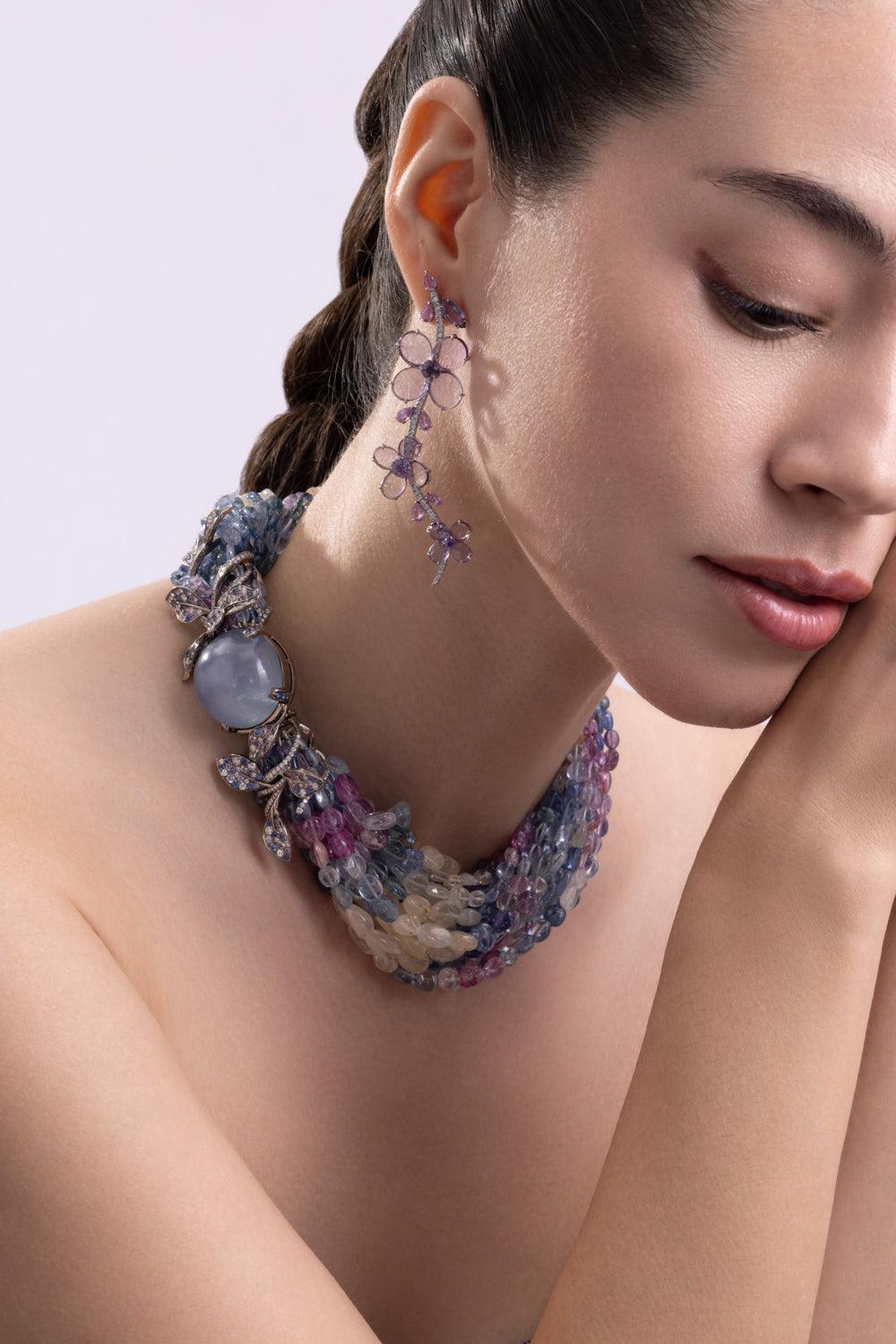 Sapphire Diamond Star Beaded Necklace-PLATINUM-JEWELRYFINE JEWELNECKLACE O-CICADA