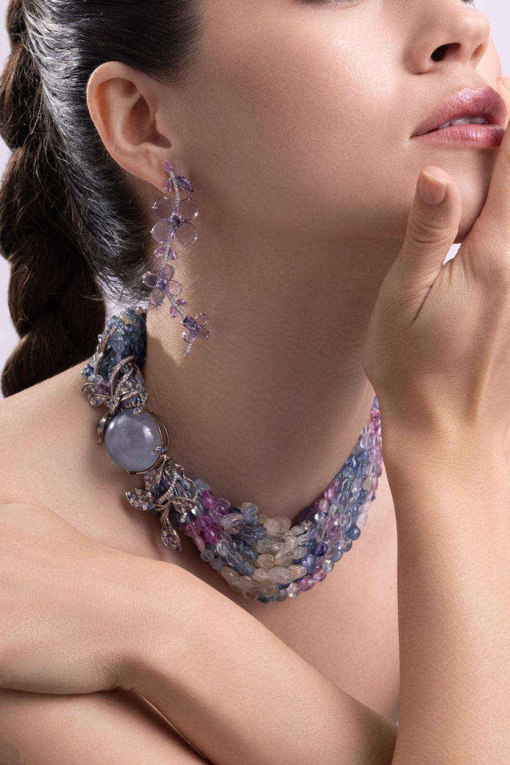 Sapphire Diamond Star Beaded Necklace-PLATINUM-JEWELRYFINE JEWELNECKLACE O-CICADA