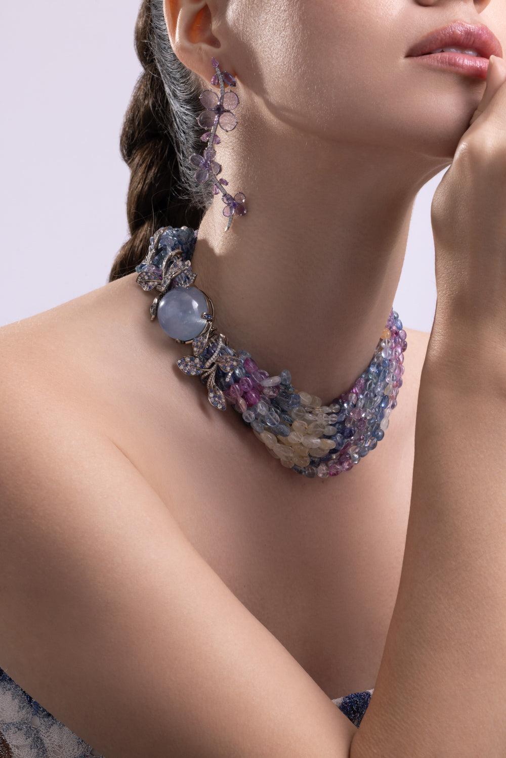 Sapphire Diamond Star Beaded Necklace-PLATINUM-JEWELRYFINE JEWELNECKLACE O-CICADA