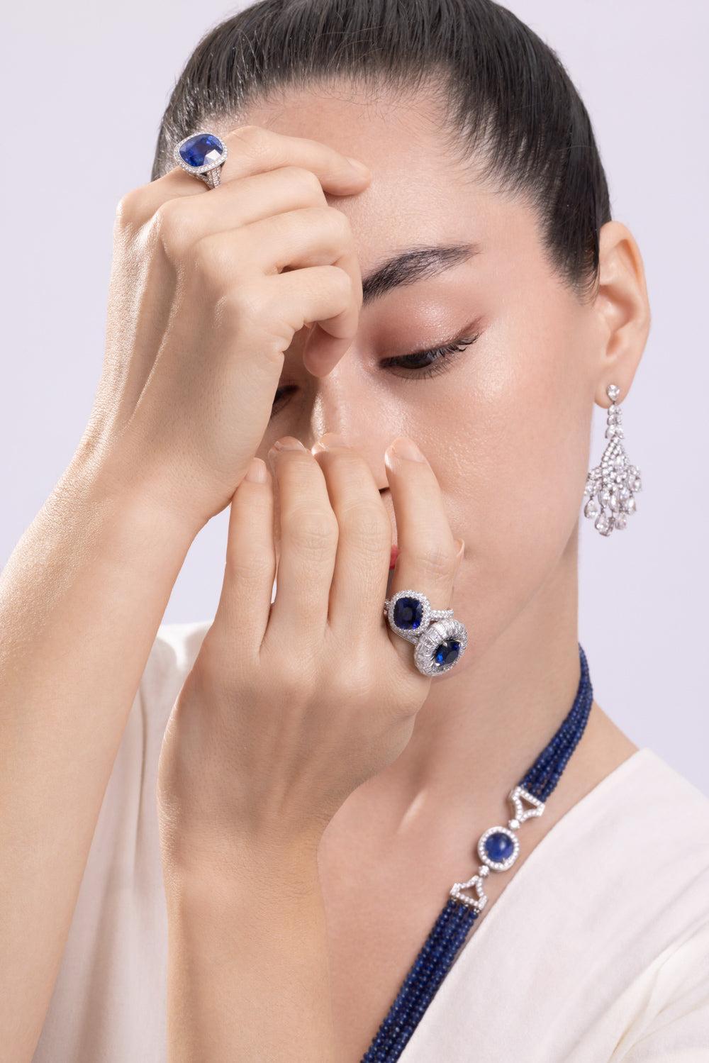 Blue Sapphire Diamond Halo Ring-PLATINUM-6.25-JEWELRYFINE JEWELRING-CICADA