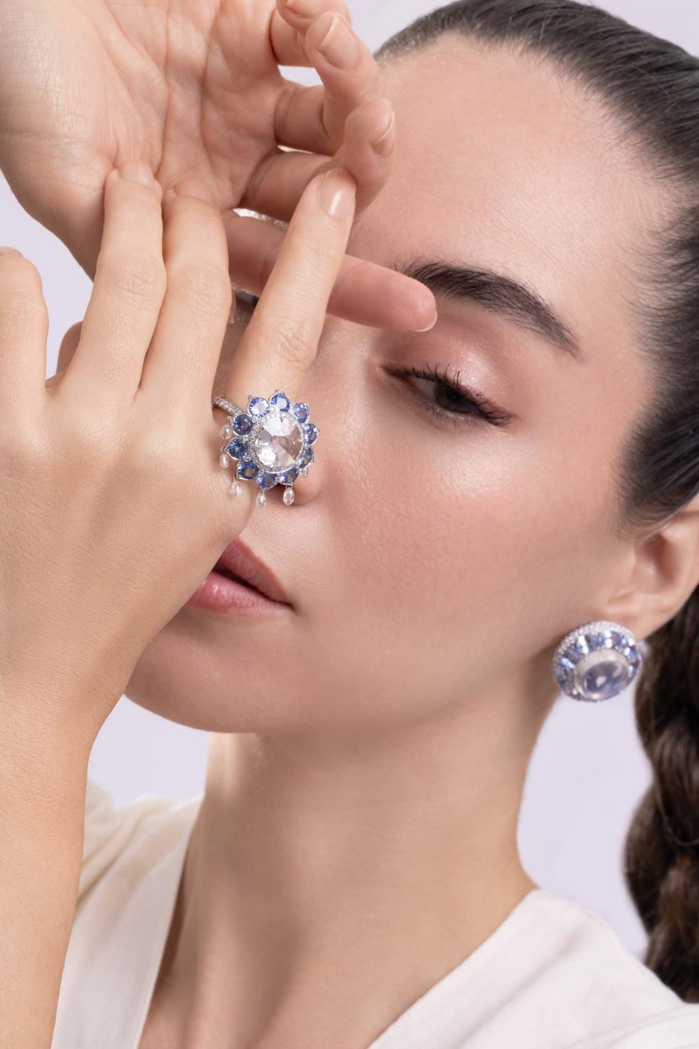Diamond Blue Sapphire Flower Ring-PLATINUM-7.25-JEWELRYFINE JEWELRING-CICADA