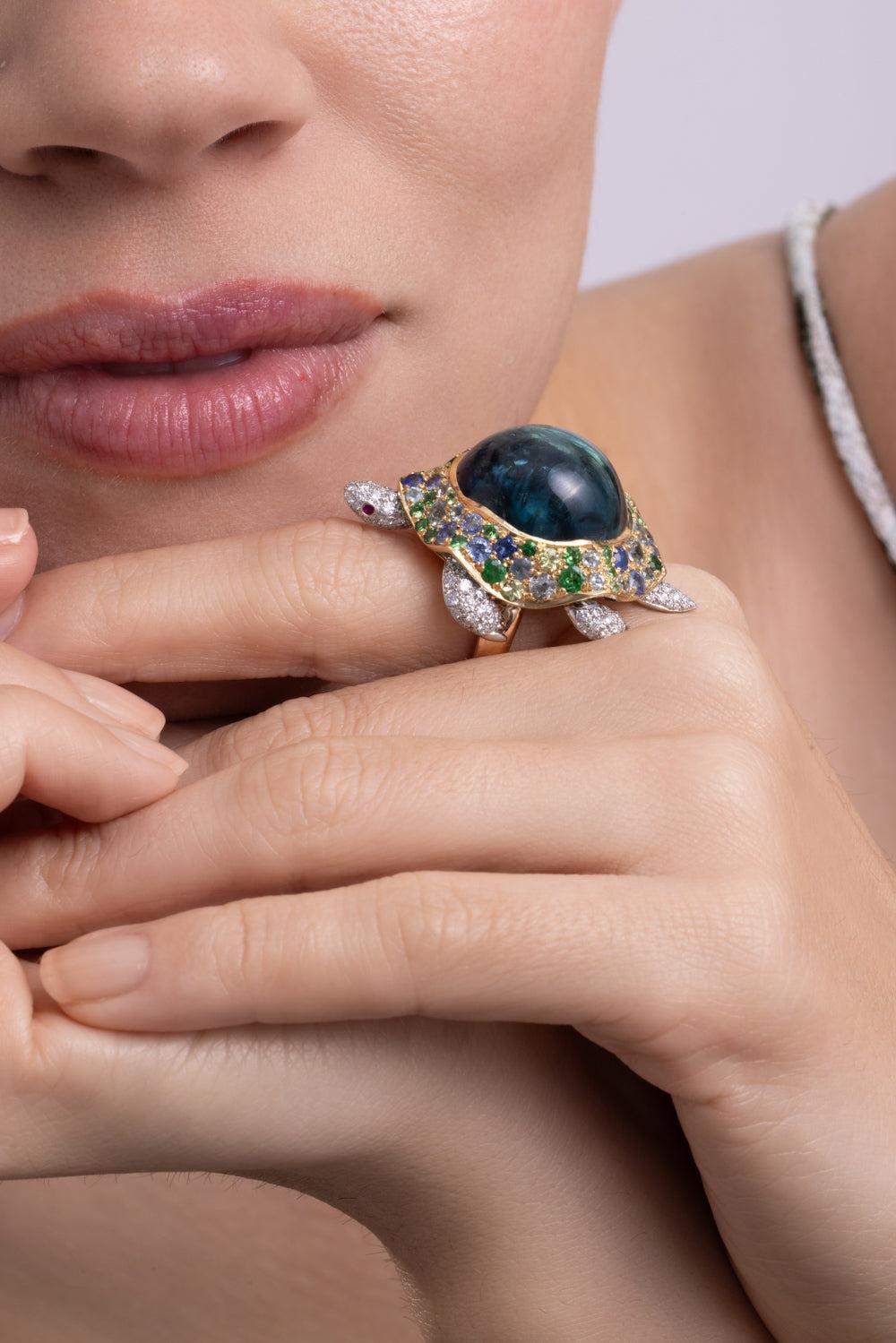 Tourmaline Diamond Turle Shaker Ring-YELLOW GOLD-5.5-JEWELRYFINE JEWELRING-CICADA