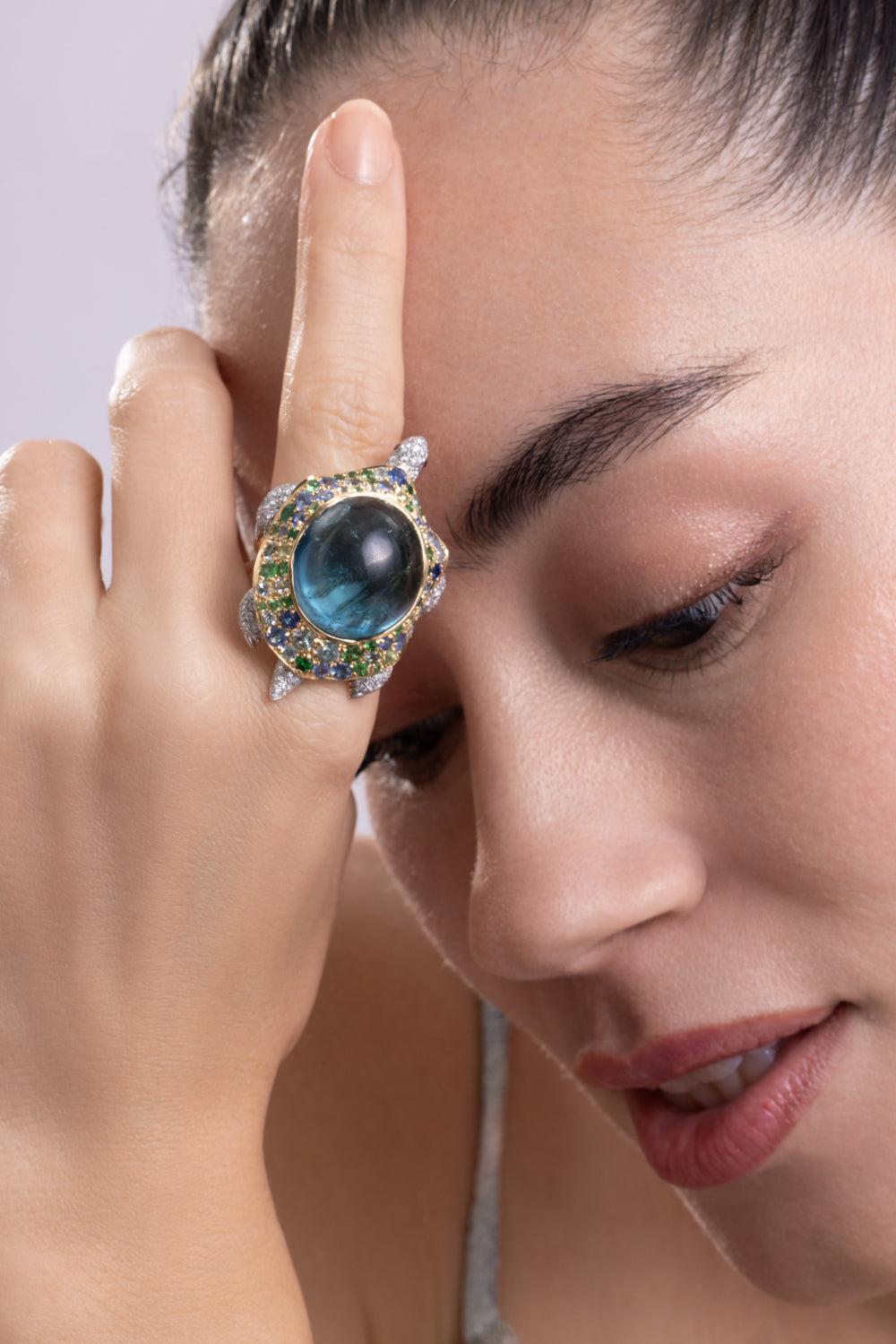 Tourmaline Diamond Turle Shaker Ring-YELLOW GOLD-5.5-JEWELRYFINE JEWELRING-CICADA