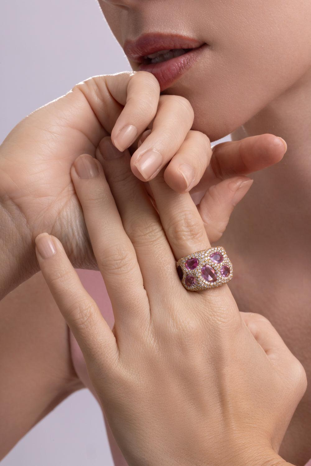 Pink Sapphire Diamond Cobblestone Ring-YELLOW GOLD-7.25-JEWELRYFINE JEWELRING-CICADA