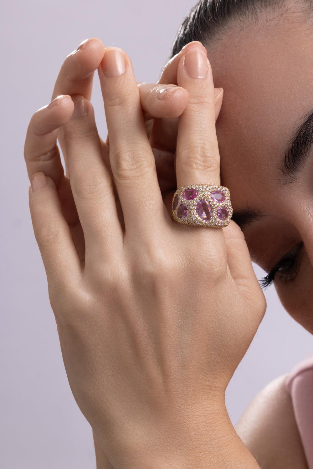 Pink Sapphire Diamond Cobblestone Ring-YELLOW GOLD-7.25-JEWELRYFINE JEWELRING-CICADA