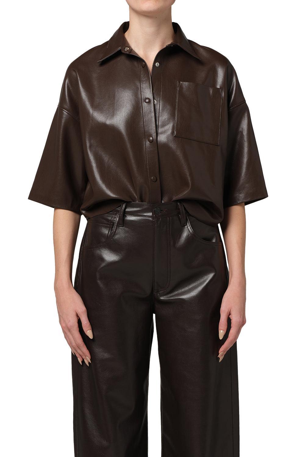Frances Crop Leather Button Up-CHOCOLATE-XS-CLOTHINGTOPBLOUSE-CITIZENS of HUMANITY