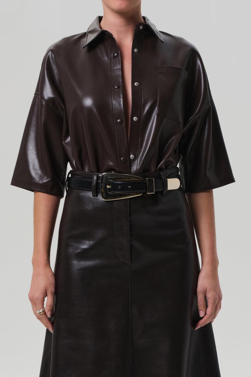 Frances Crop Leather Button Up-CHOCOLATE-XS-CLOTHINGTOPBLOUSE-CITIZENS of HUMANITY