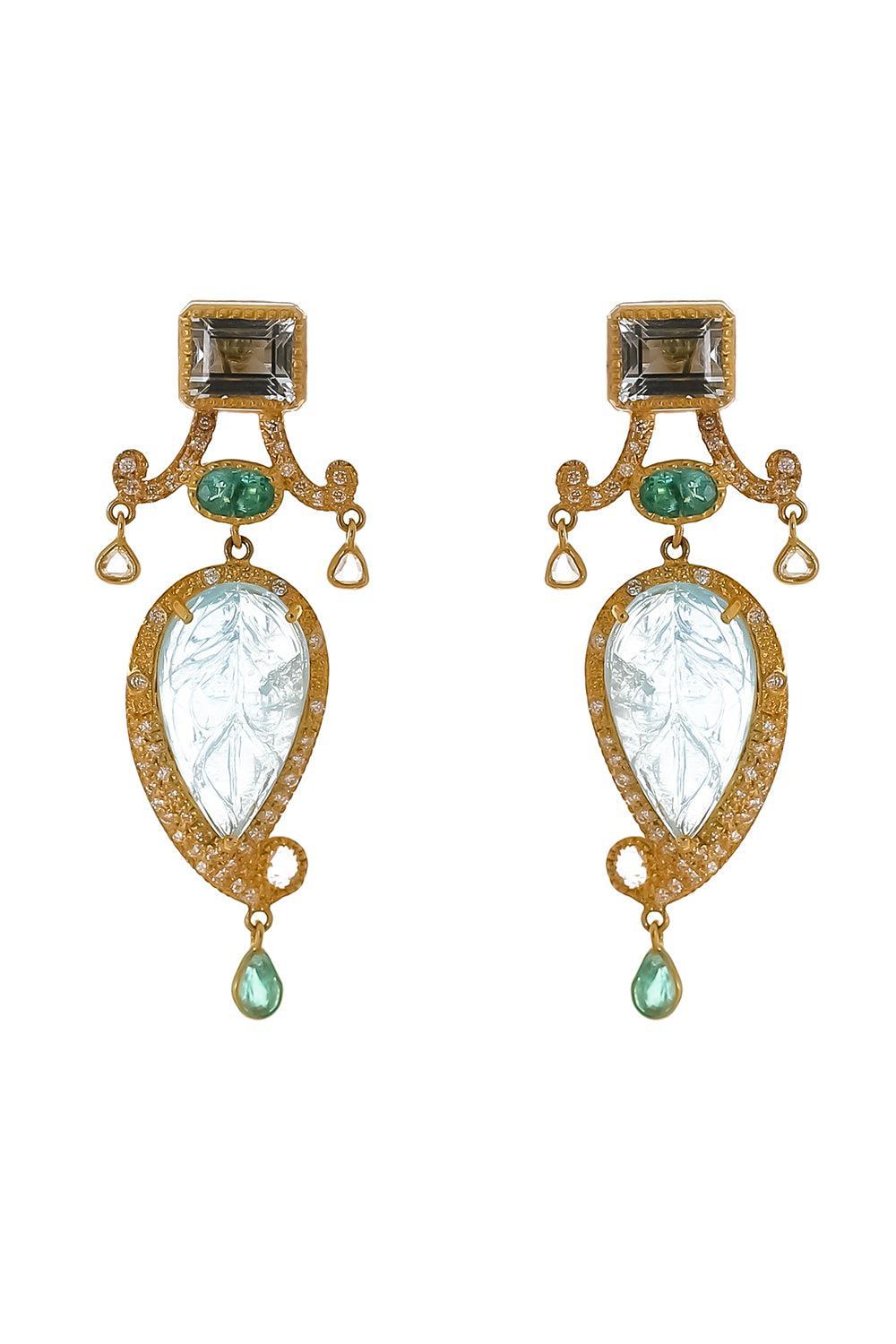 Aquamarine Tsavorite Diamond Carved Earrings-YELLOW GOLD-JEWELRYFINE JEWELEARRING-COOMI