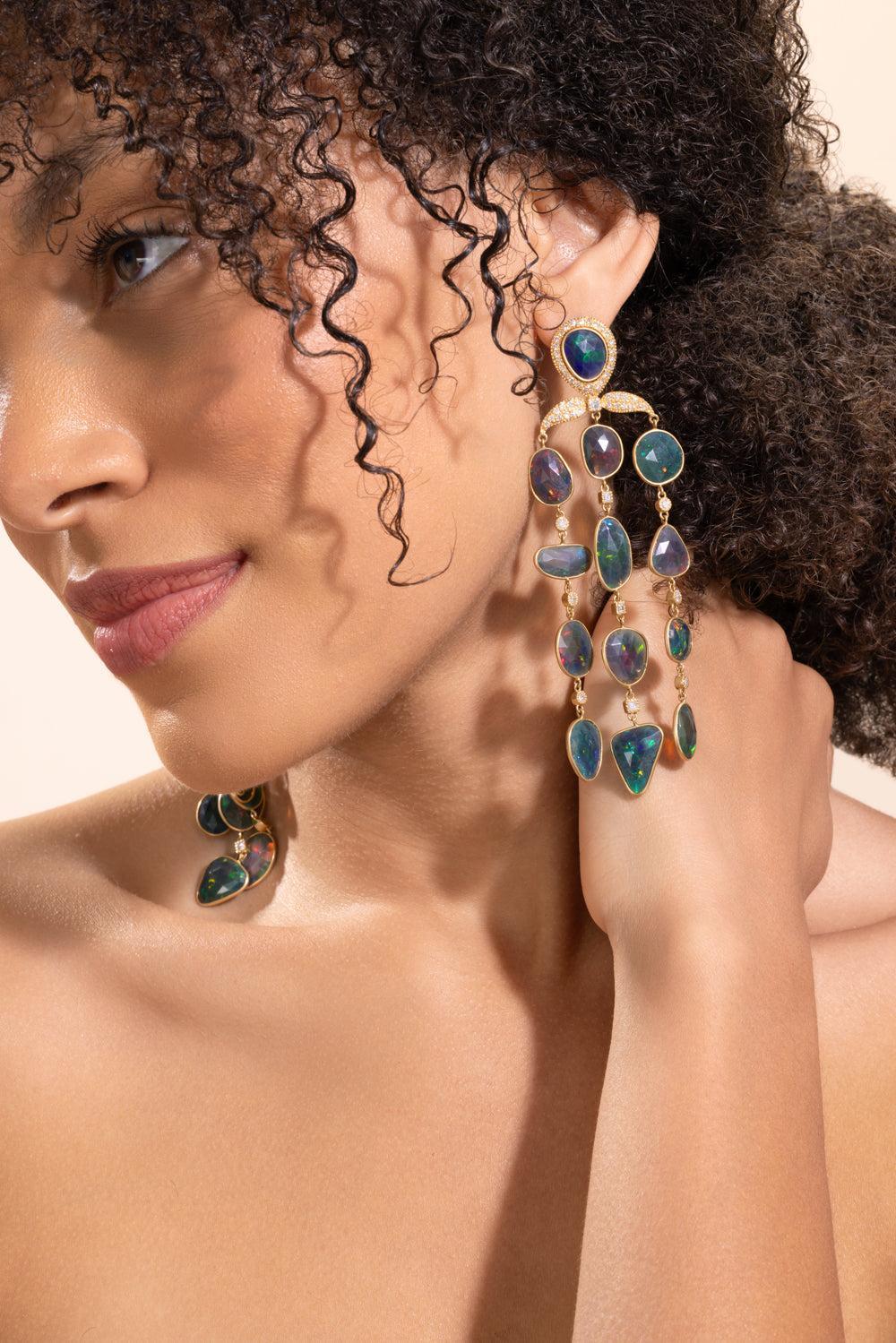 Diamond Black Opal Chandelier Earrings-YELLOW GOLD-JEWELRYFINE JEWELEARRING-COOMI