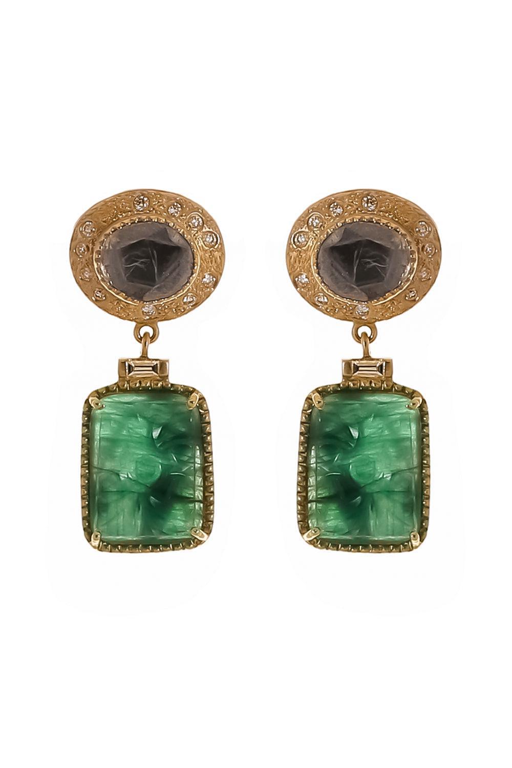Emerald Diamond Carved Earrings-YELLOW GOLD-JEWELRYFINE JEWELEARRING-COOMI