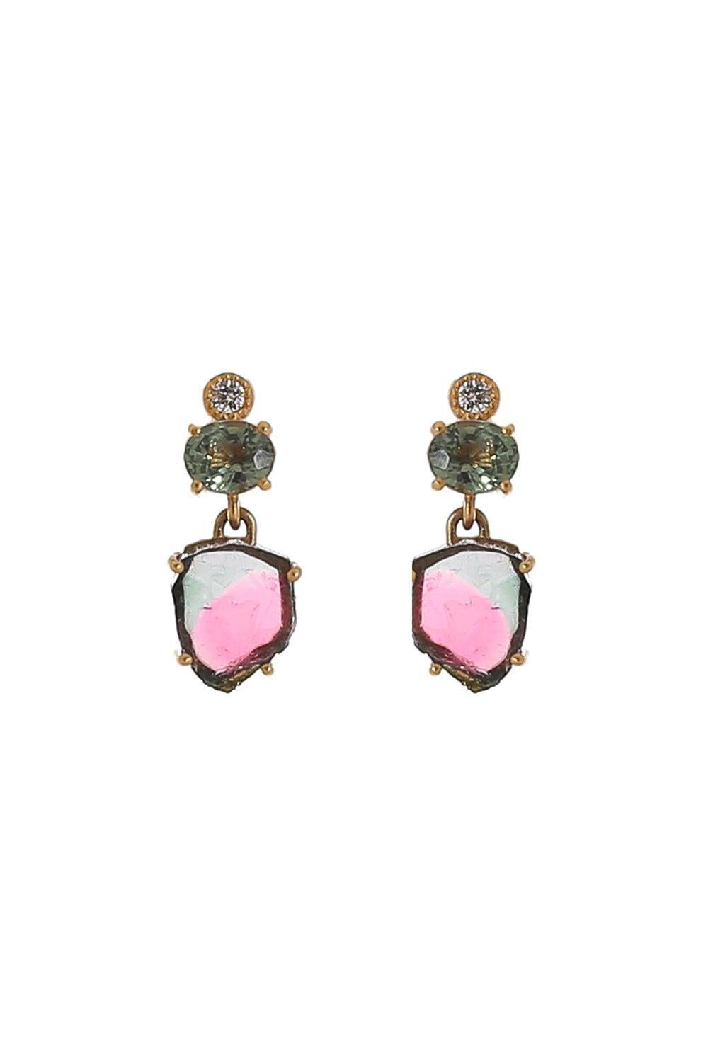 Green Sapphire Watermelon Tourmaline Two Drop Earrings-YELLOW GOLD-JEWELRYFINE JEWELEARRING-COOMI