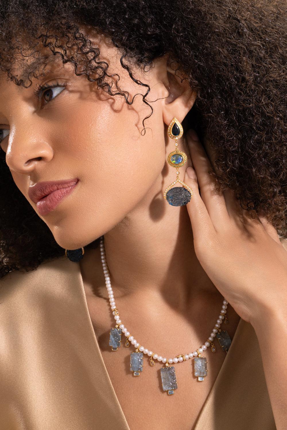 London Blue Topaz Opal Three Drop Affinity Earrings-YELLOW GOLD-JEWELRYFINE JEWELEARRING-COOMI