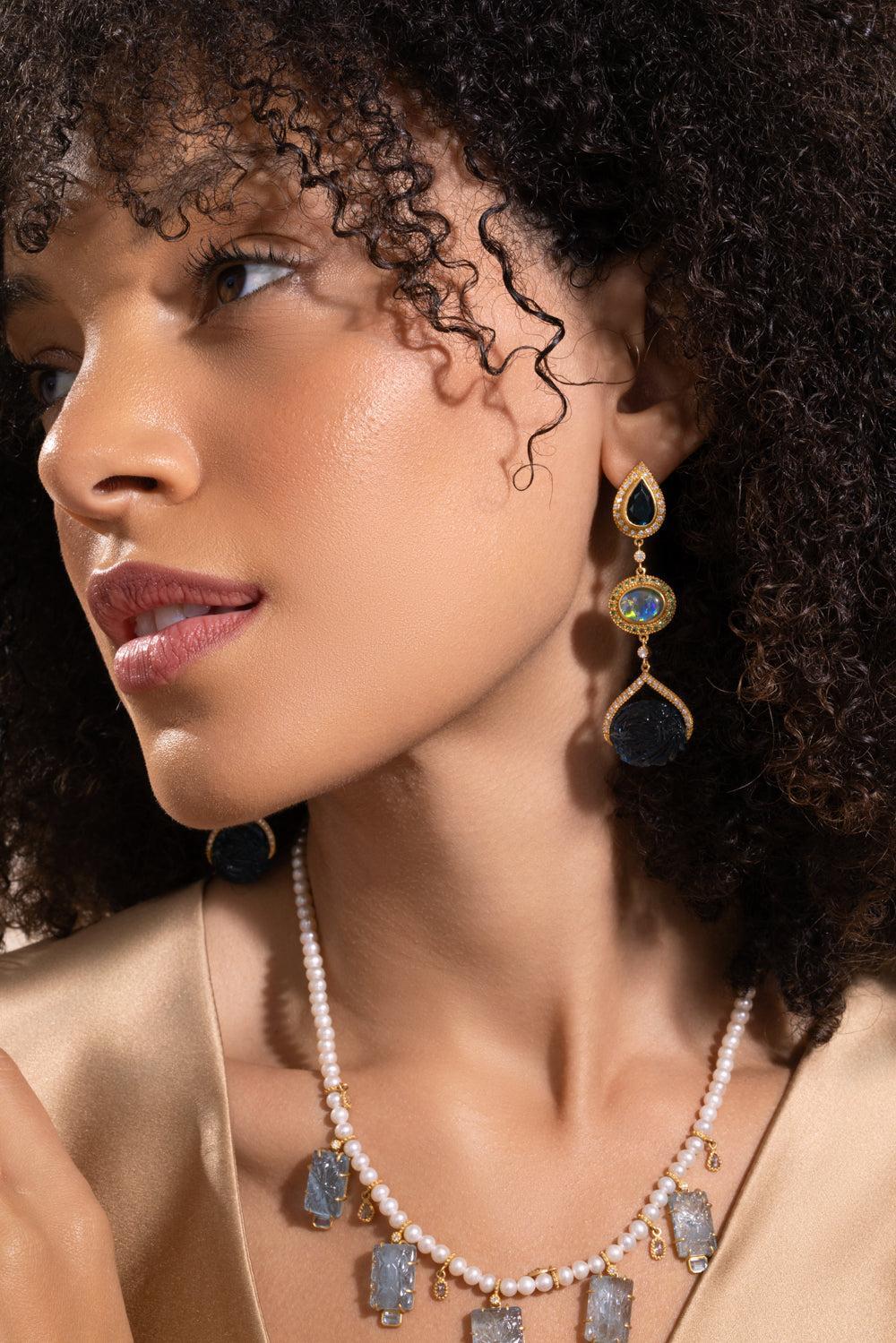London Blue Topaz Opal Three Drop Affinity Earrings-YELLOW GOLD-JEWELRYFINE JEWELEARRING-COOMI
