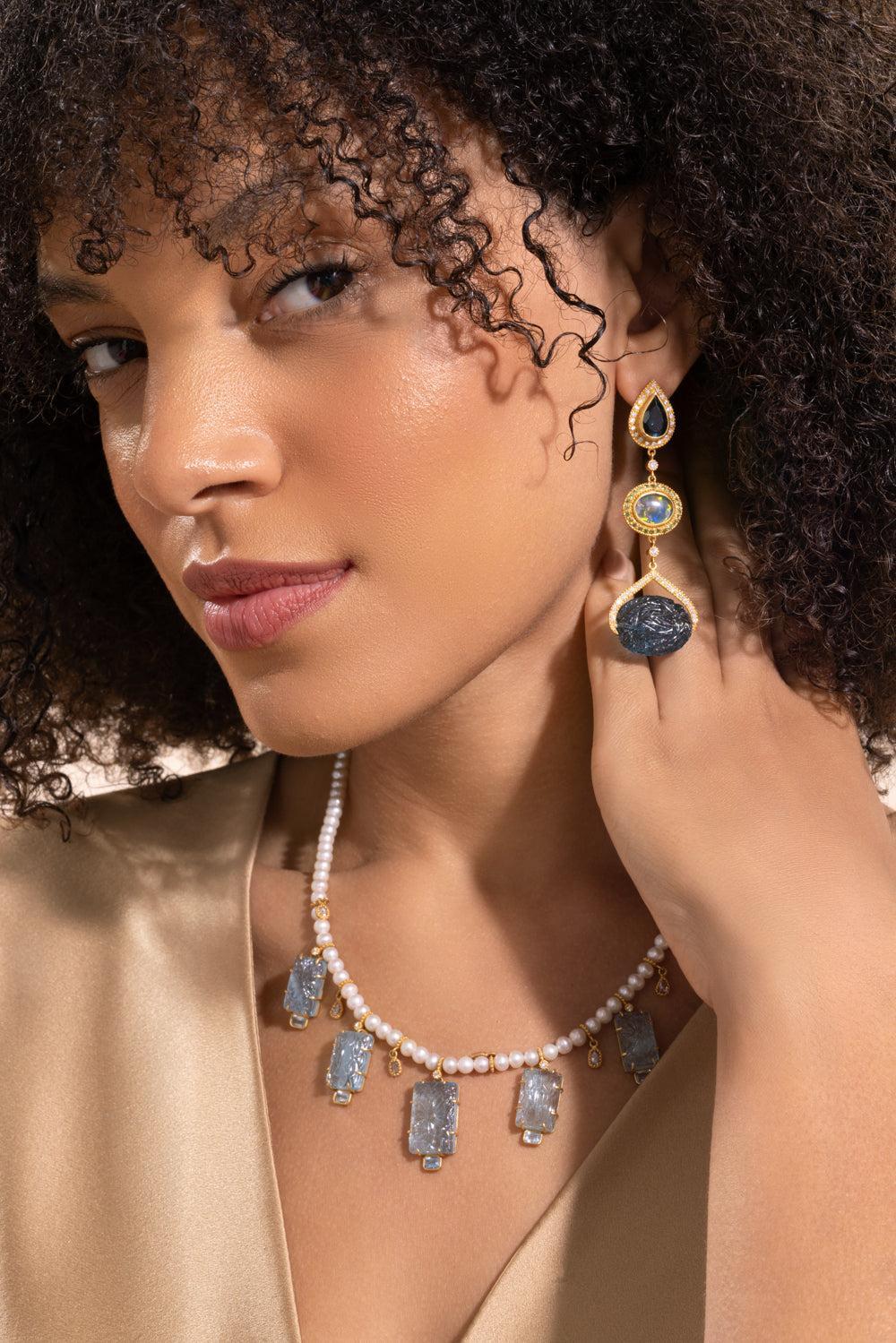 London Blue Topaz Opal Three Drop Affinity Earrings-YELLOW GOLD-JEWELRYFINE JEWELEARRING-COOMI