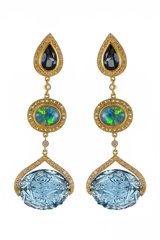 London Blue Topaz Opal Three Drop Affinity Earrings-YELLOW GOLD-JEWELRYFINE JEWELEARRING-COOMI