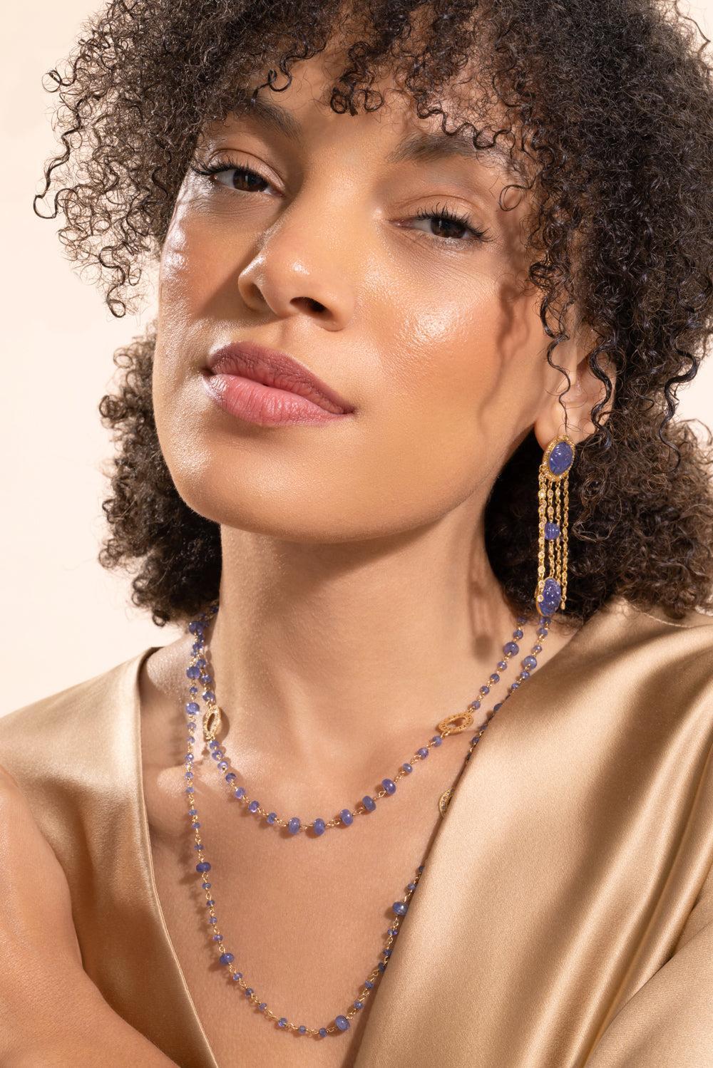 Tanzanite Diamond Carved Dangle Earrings-YELLOW GOLD-JEWELRYFINE JEWELEARRING-COOMI