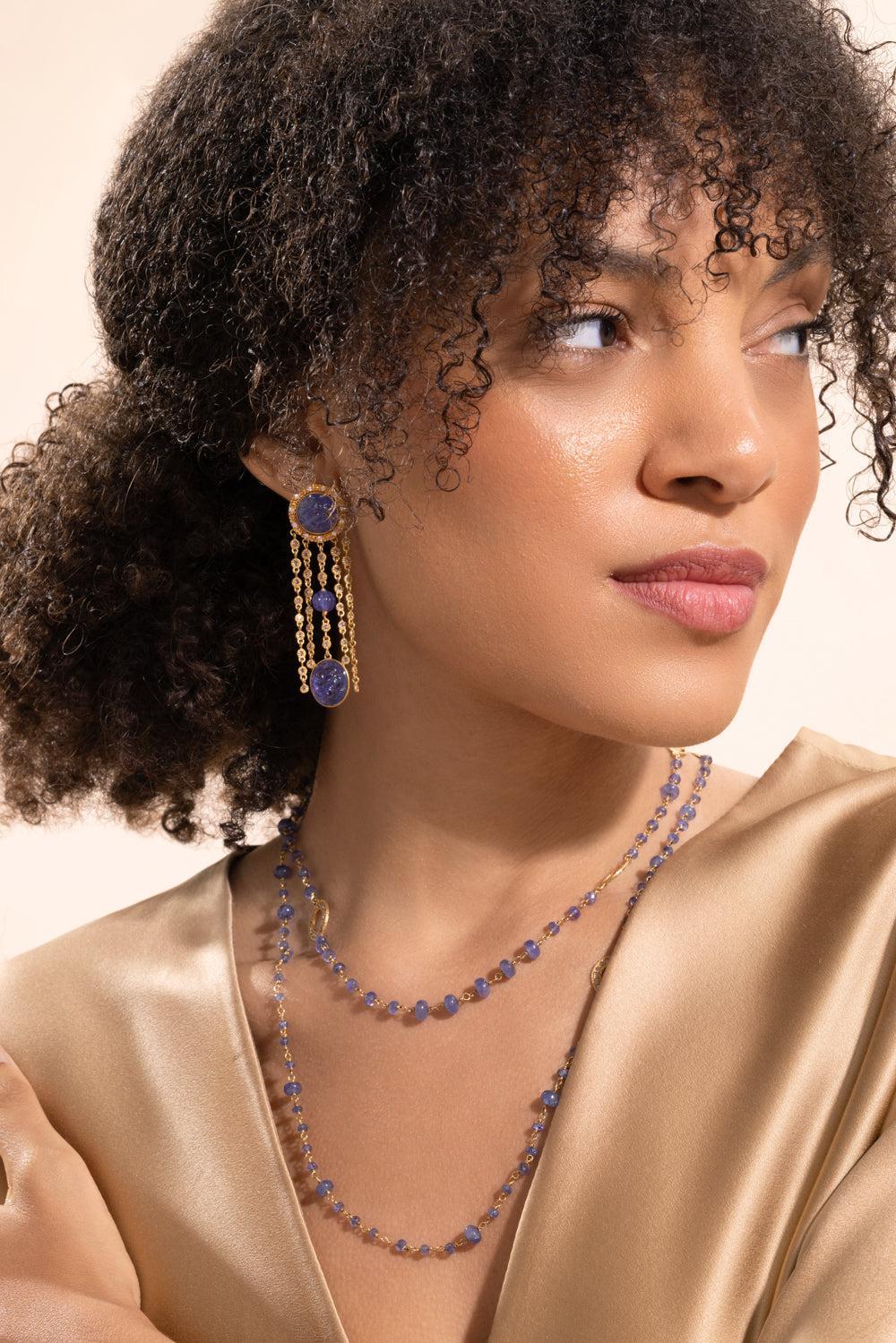 Tanzanite Diamond Carved Dangle Earrings-YELLOW GOLD-JEWELRYFINE JEWELEARRING-COOMI