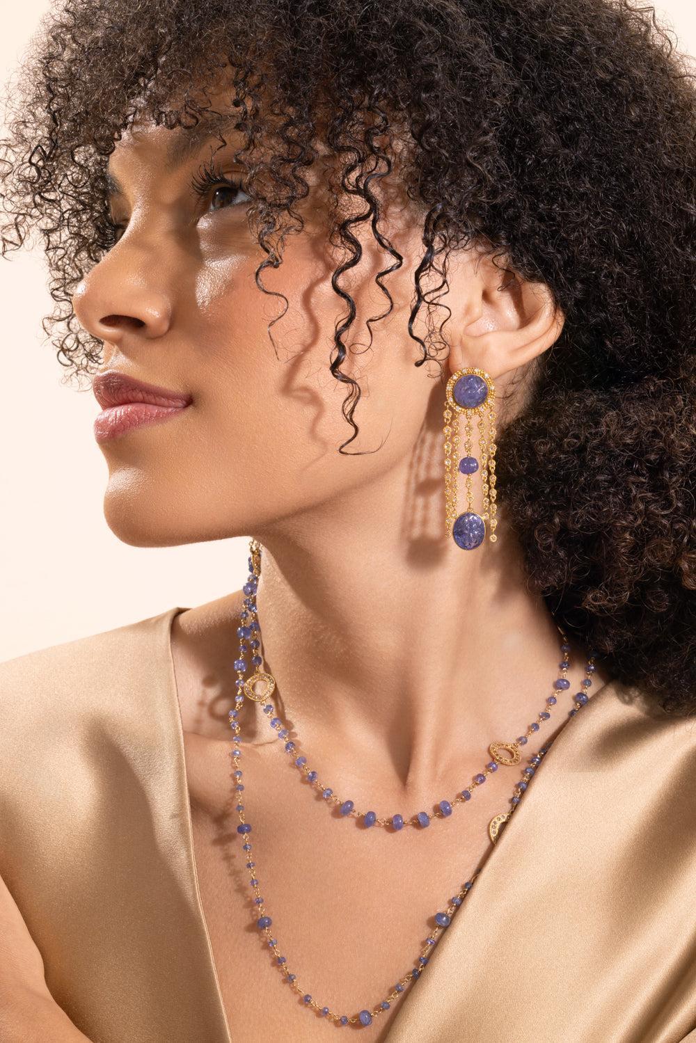 Tanzanite Diamond Carved Dangle Earrings-YELLOW GOLD-JEWELRYFINE JEWELEARRING-COOMI