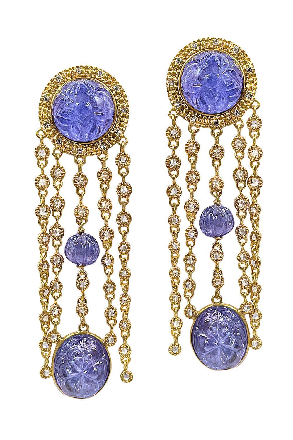 Tanzanite Diamond Carved Dangle Earrings-YELLOW GOLD-JEWELRYFINE JEWELEARRING-COOMI