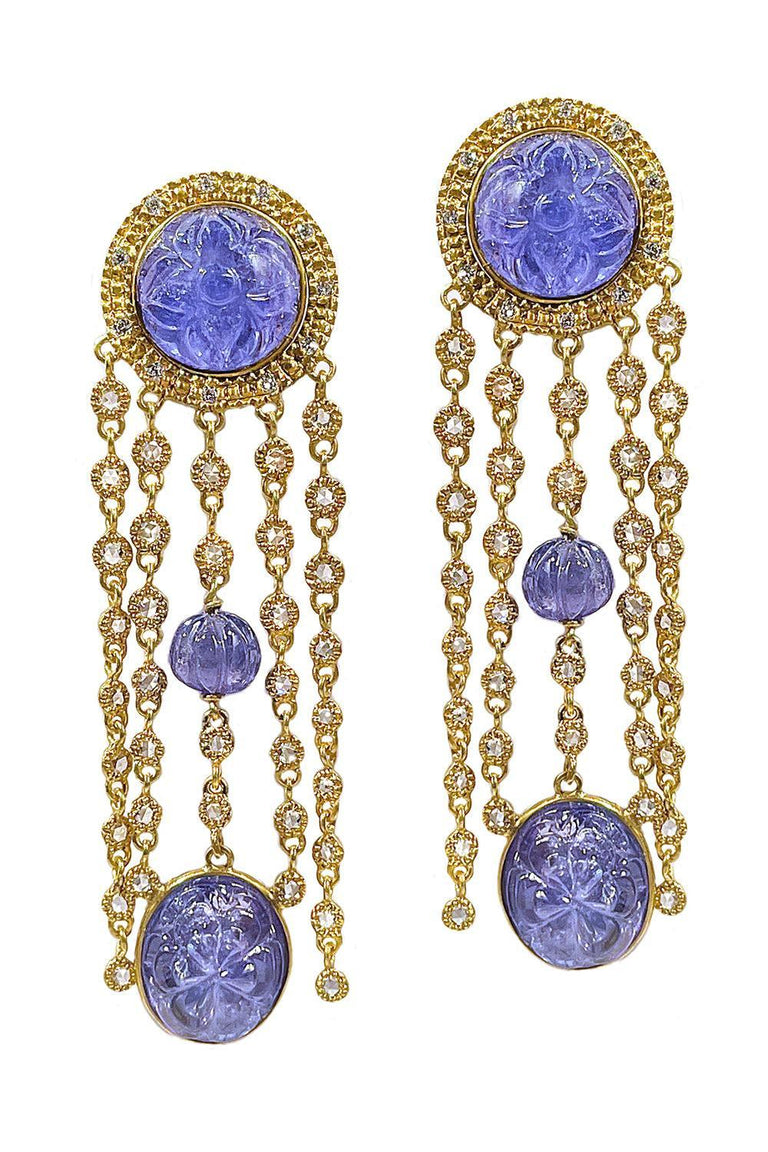 Tanzanite Diamond Carved Dangle Earrings