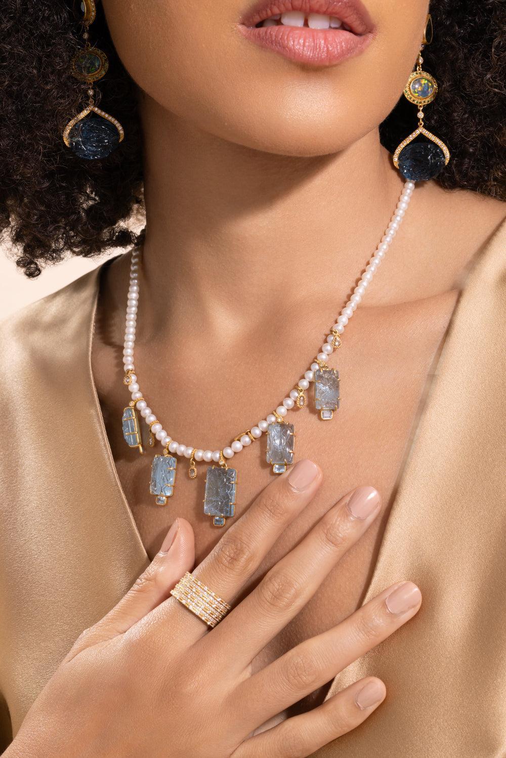 Aquamarine Pearl Necklace-YELLOW GOLD-17.5-JEWELRYFINE JEWELNECKLACE O-COOMI