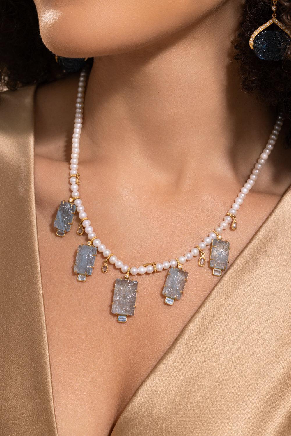 Aquamarine Pearl Necklace-YELLOW GOLD-17.5-JEWELRYFINE JEWELNECKLACE O-COOMI