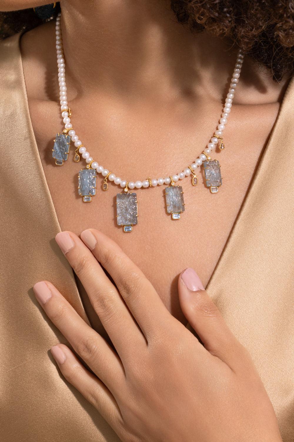 Aquamarine Pearl Necklace-YELLOW GOLD-17.5-JEWELRYFINE JEWELNECKLACE O-COOMI