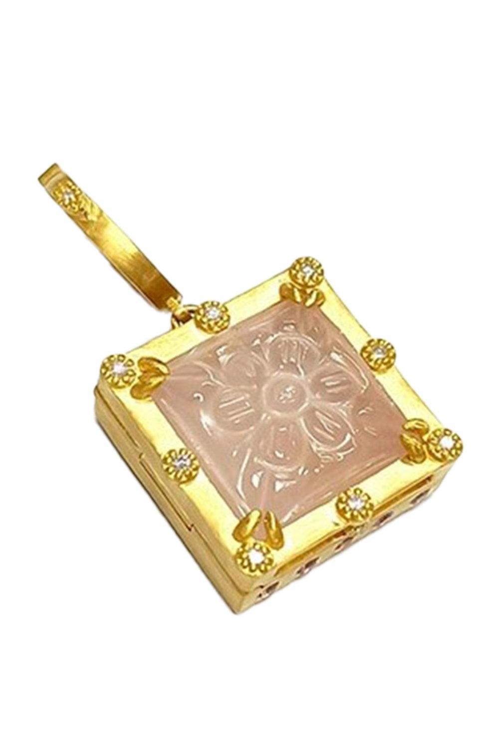 Rose Quartz Carved Locket Pendant-YELLOW GOLD-JEWELRYFINE JEWELPENDANT-COOMI