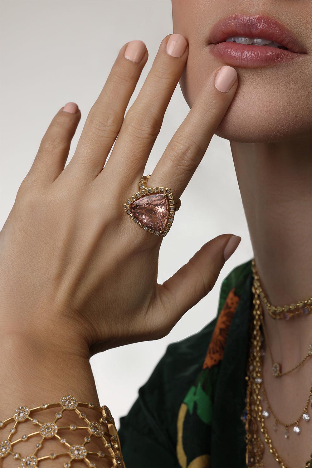 Morganite Diamond Trinity Ring-YELLOW GOLD-6-JEWELRYFINE JEWELRING-COOMI