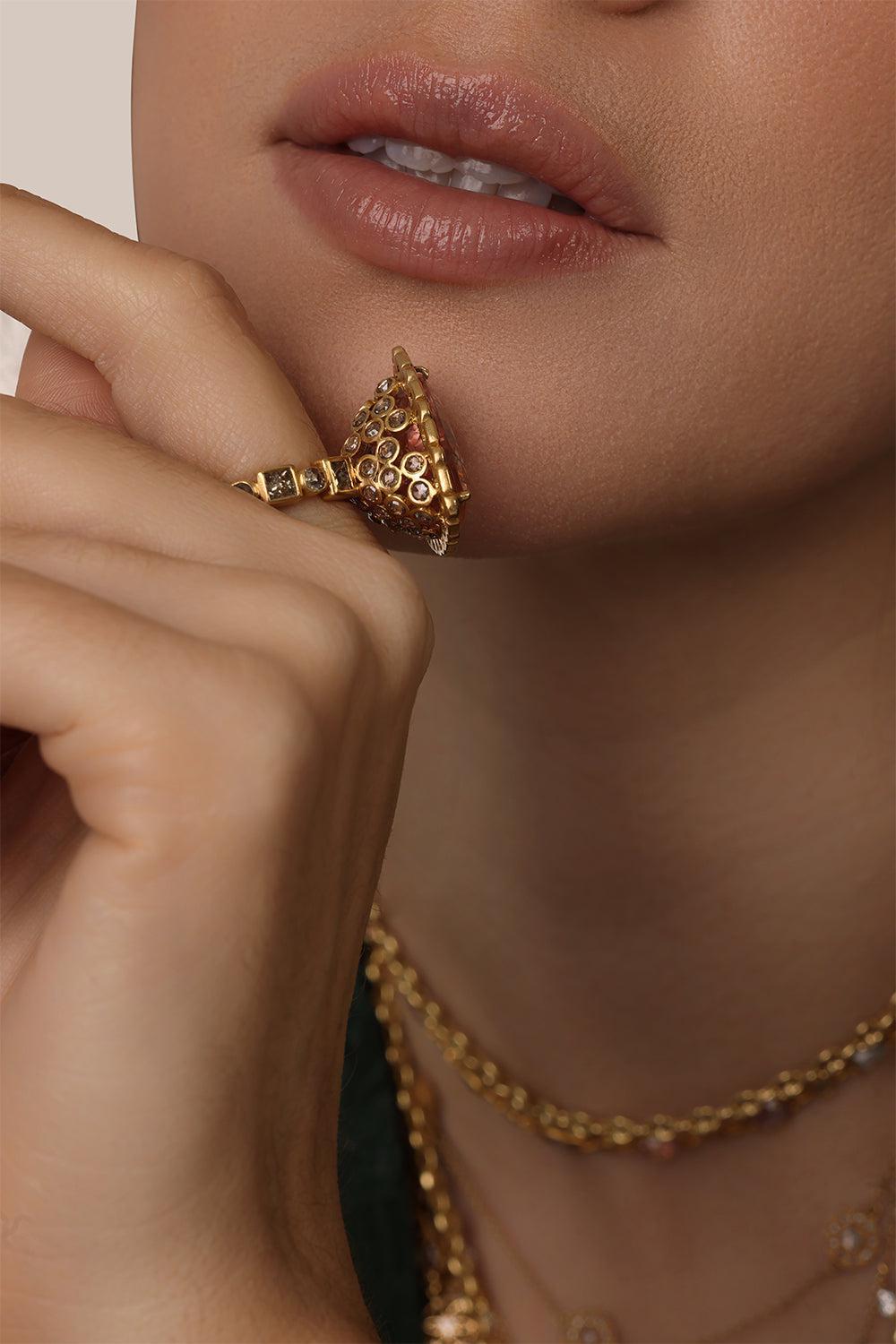 Morganite Diamond Trinity Ring-YELLOW GOLD-6-JEWELRYFINE JEWELRING-COOMI