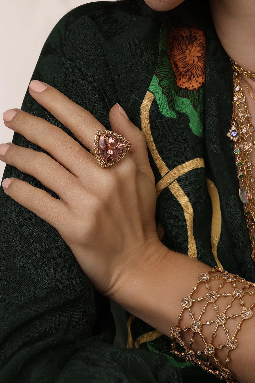 Morganite Diamond Trinity Ring-YELLOW GOLD-6-JEWELRYFINE JEWELRING-COOMI