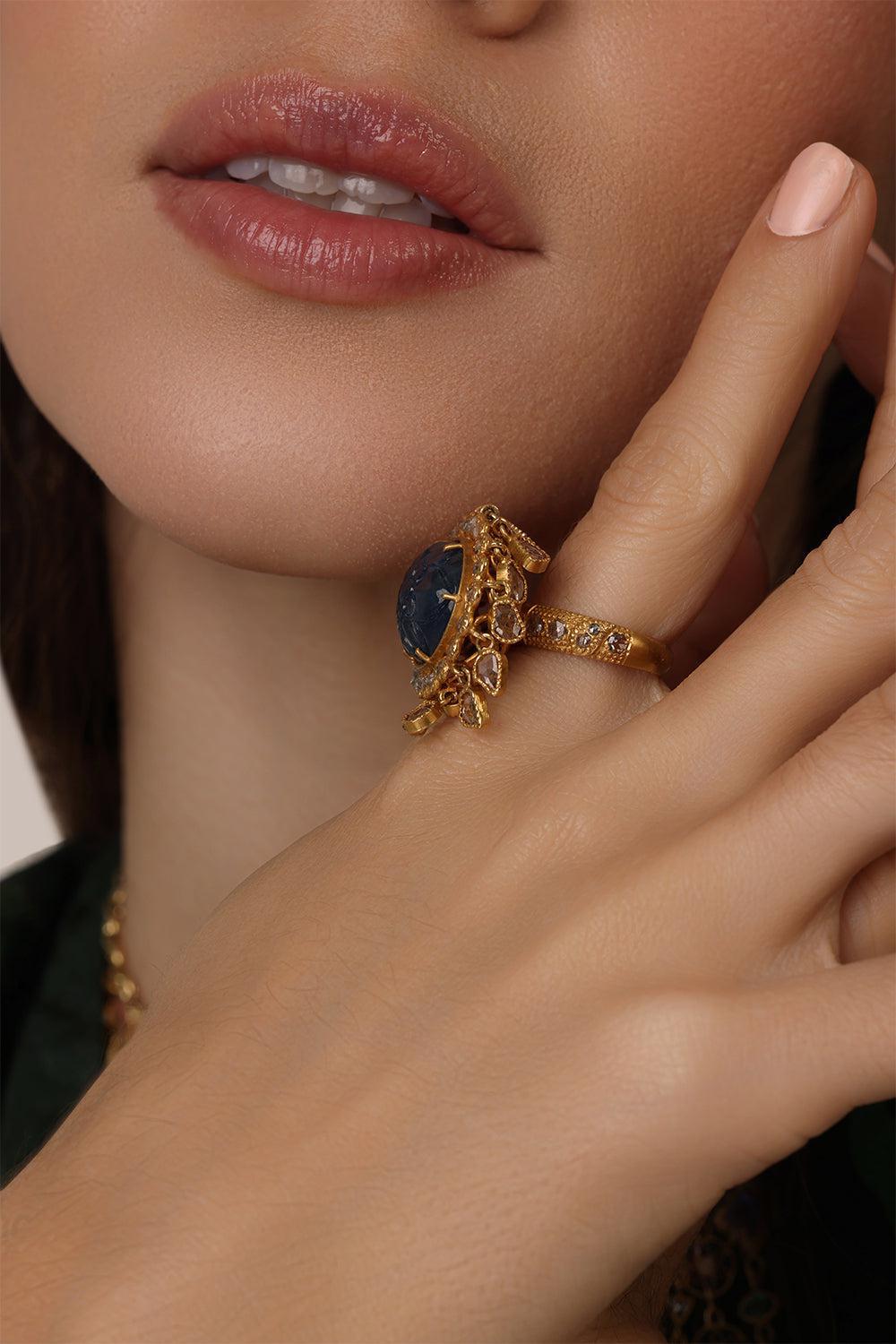 Carved Blue Sapphire Antiquity Ring-YELLOW GOLD-6.75-JEWELRYFINE JEWELRING-COOMI