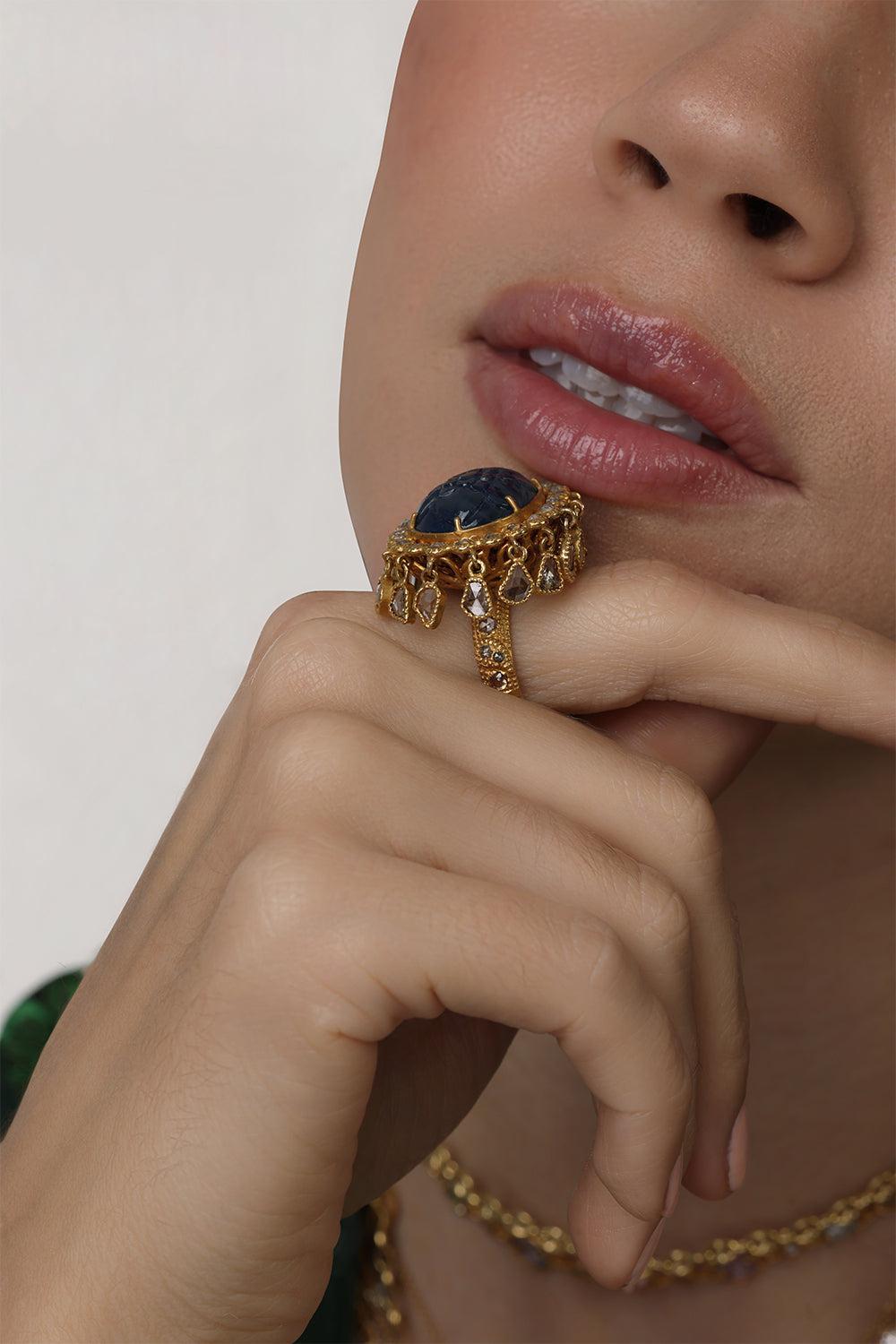 Carved Blue Sapphire Antiquity Ring-YELLOW GOLD-6.75-JEWELRYFINE JEWELRING-COOMI