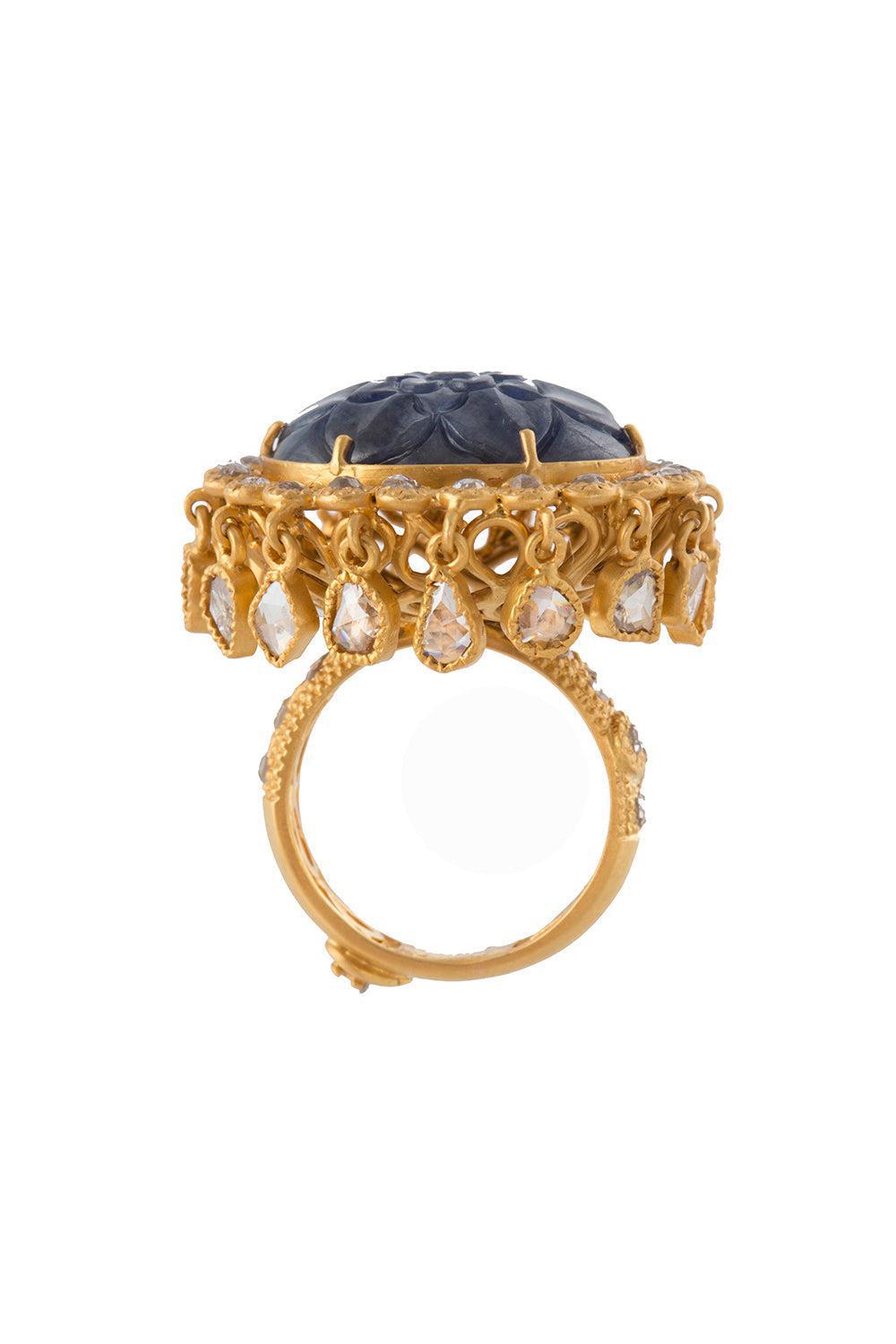COOMI-Carved Blue Sapphire Antiquity Ring-YELLOW GOLD
