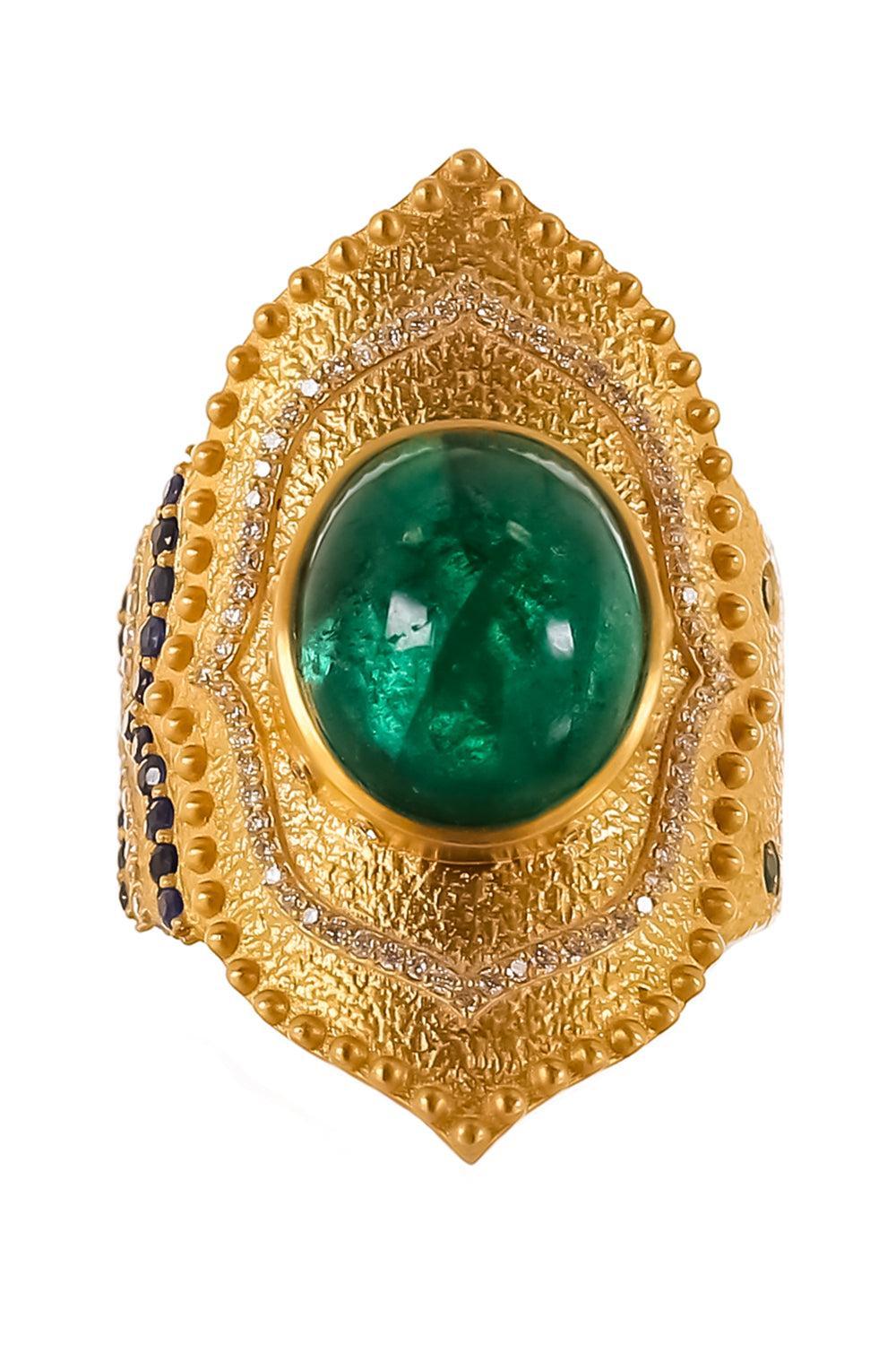 Emerald Motif Trinetra Ring-YELLOW GOLD-7-JEWELRYFINE JEWELRING-COOMI
