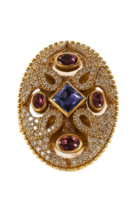 Pink Tourmaline Tanzanite Trinetra Oval Ring-YELLOW GOLD-7-JEWELRYFINE JEWELRING-COOMI