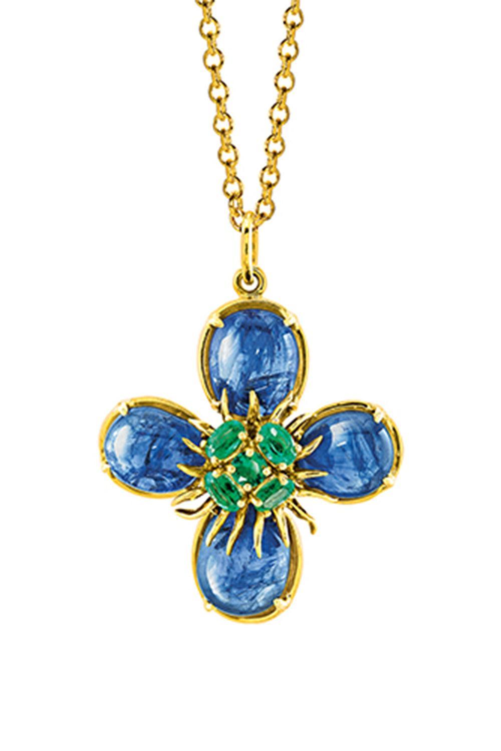 Emerald Sapphire Dogwood Pendant Necklace-YELLOW GOLD-16-JEWELRYFINE JEWELNECKLACE O-VERDURA