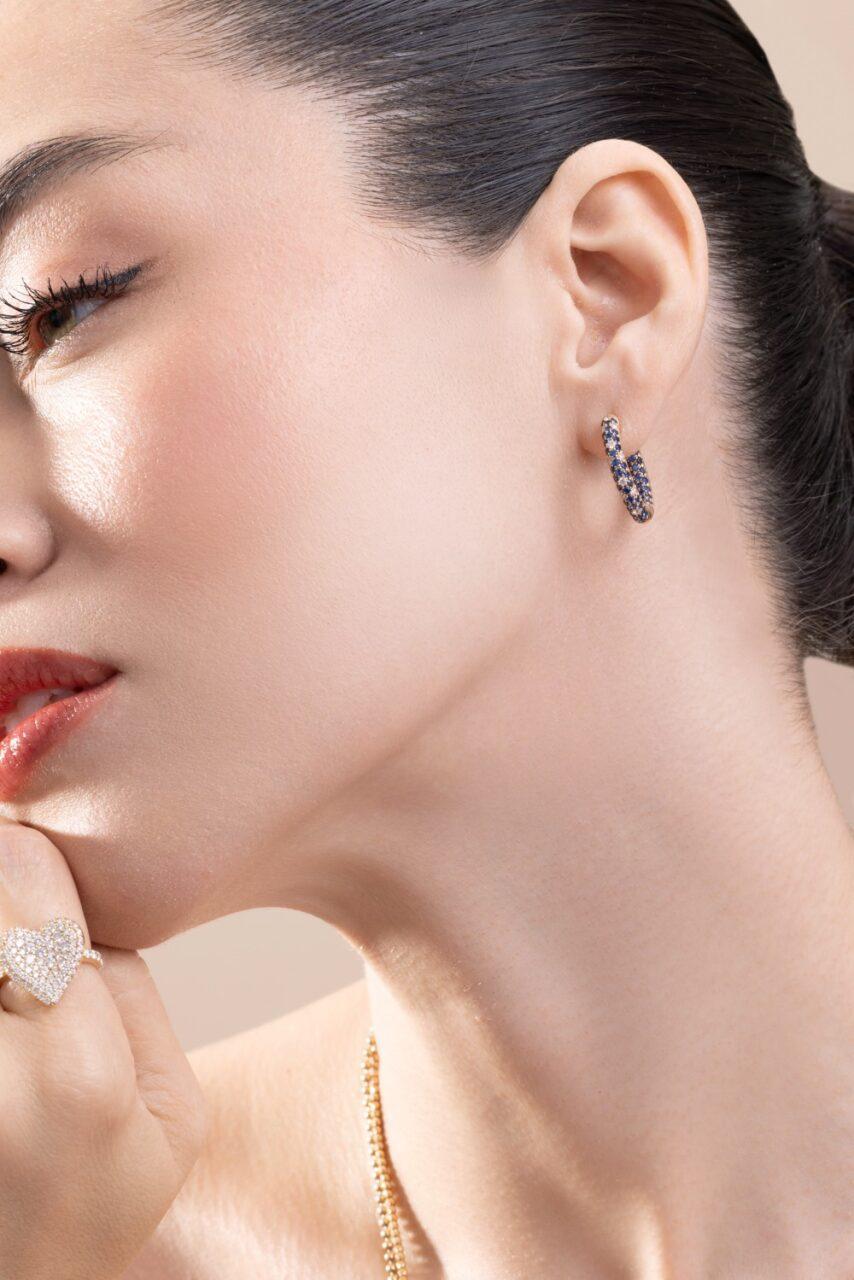Blue Sapphire Disco Sister Hoop Earrings-YELLOW GOLD-JEWELRYFINE JEWELEARRING-ROBINSON PELHAM